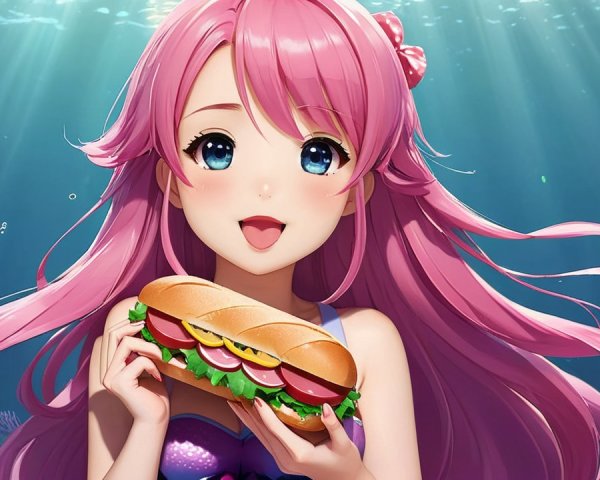 Cheerful character with pink hair holds sandwich underwater