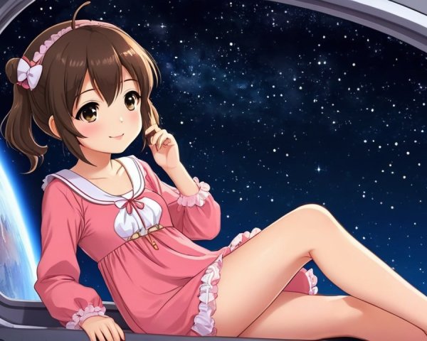 Young girl in pink outfit gazes at stars from space