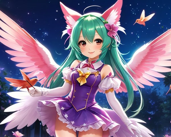 Vibrant Anime Character in Moonlit Garden Setting