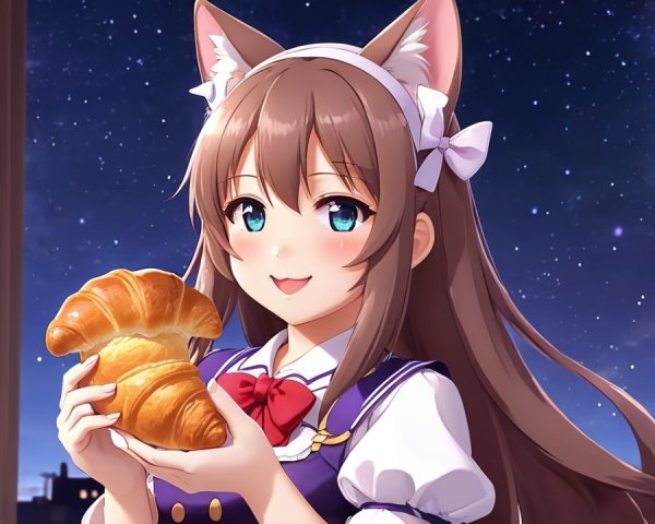 Cheerful character with cat ears and croissant by window