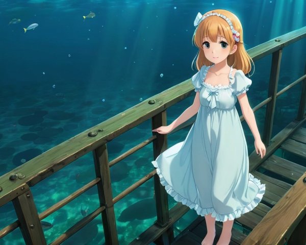 Young girl on bridge over serene underwater scene