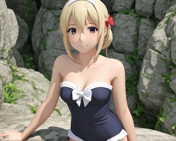 Stylized Animated Character in Navy Blue Swimsuit