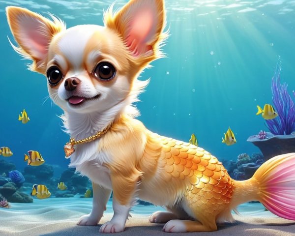 Whimsical Underwater Scene with Chihuahua and Mermaid Tail