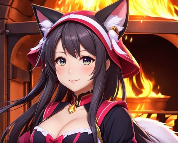 Character with Black Hair and Cat Ears by Fireplace