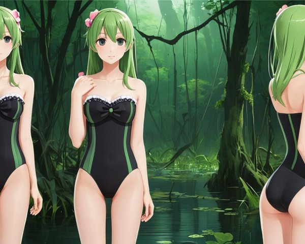 Anime Character in Black Swimsuit in Jungle Setting