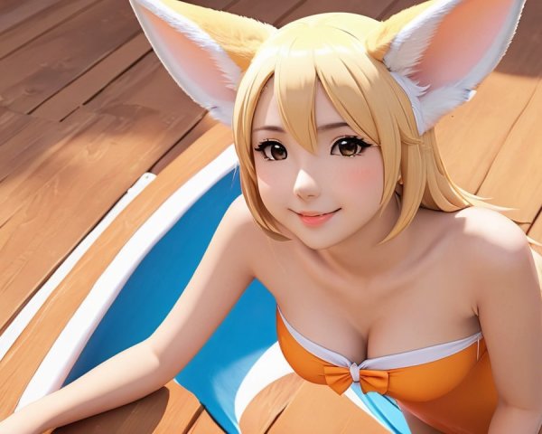 Playful anime character on a blue float in summer