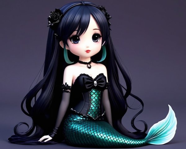 Anime-Inspired Mermaid Doll with Black Hair and Tail