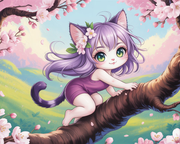 Lavender-haired cat girl in cherry blossom scene