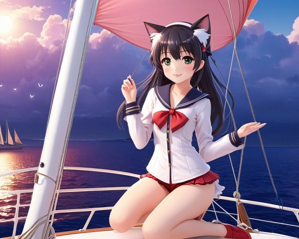 Cheerful animated character on a sailboat at sunset