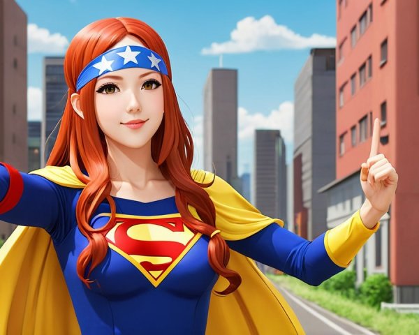 Superheroine in Blue Outfit with Red Emblem in City