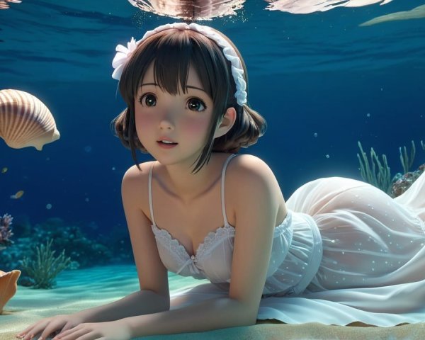 Underwater Scene with Woman in White Dress and Coral