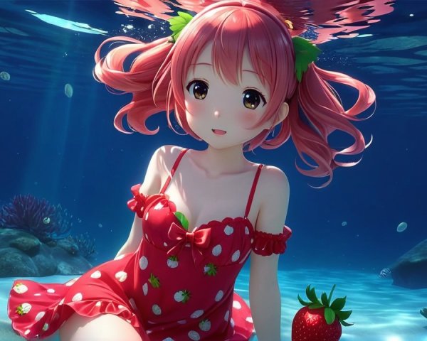 Cheerful anime girl swimming underwater with strawberries
