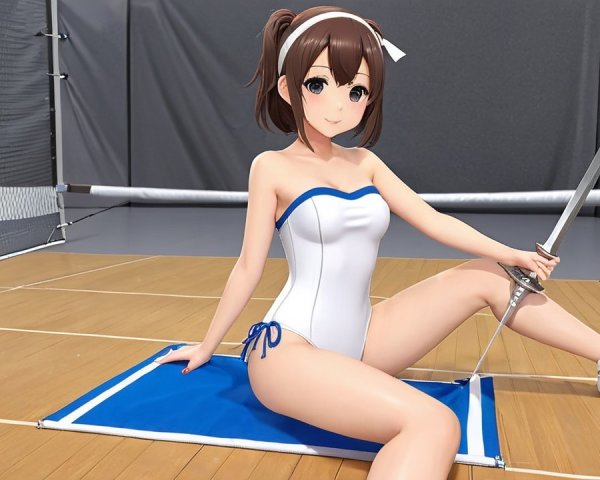 Stylized anime character in sporty indoor setting
