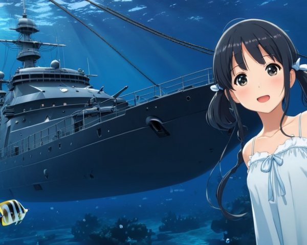 Cheerful girl with pigtails near majestic ship underwater