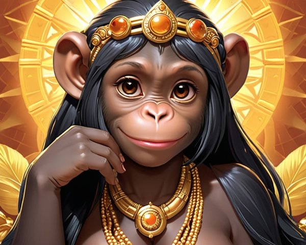 Stylized monkey character with jewelry and sun motif