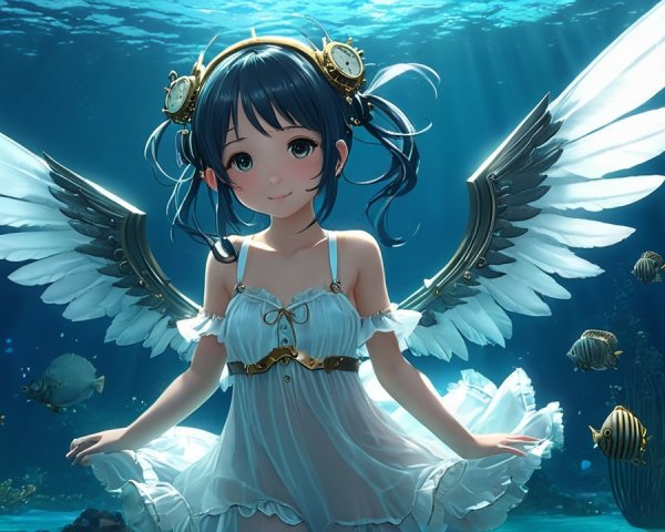Underwater Scene of a Girl with Angelic Wings