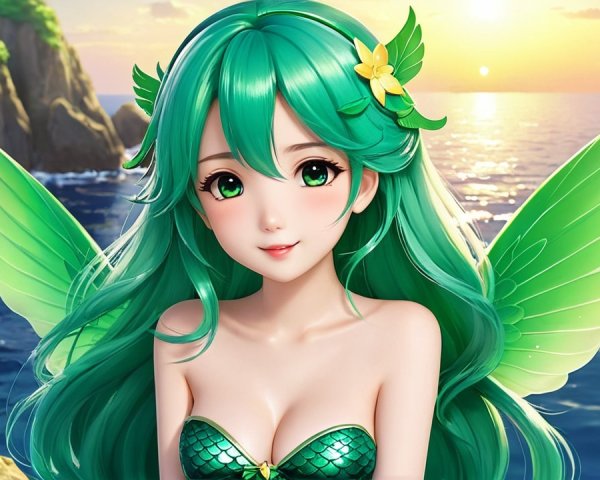 Whimsical Character with Green Hair and Leafy Wings
