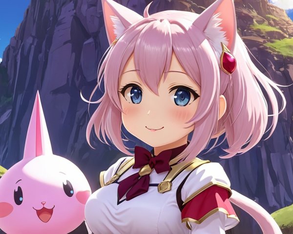 Cheerful girl with pink hair and whimsical creature