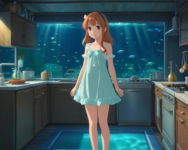 Young girl in blue dress in modern kitchen with view