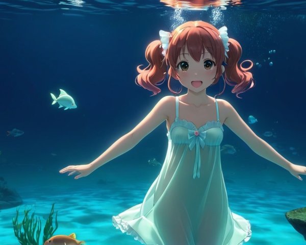 Cheerful girl with orange hair swimming underwater