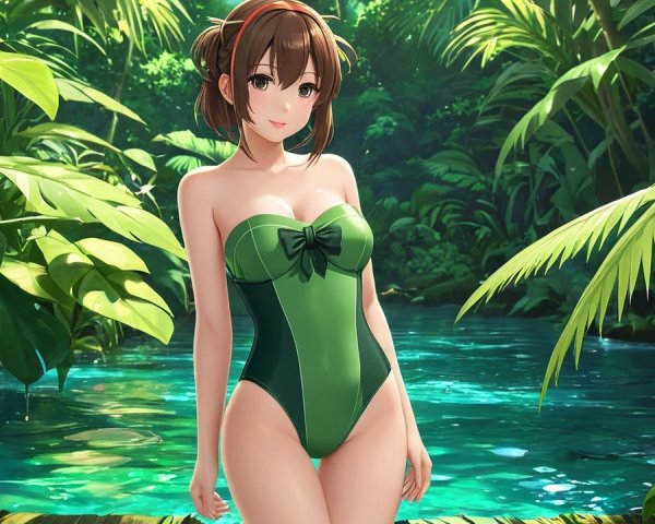 Young Woman in Green Swimsuit in Jungle Setting