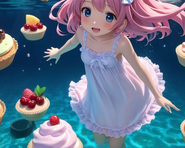 Joyful character with pink hair swimming among cupcakes