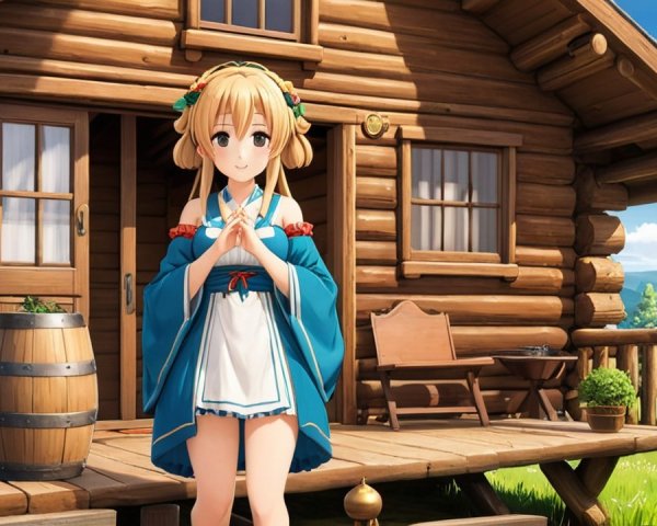 Young girl in blue kimono at wooden cabin porch