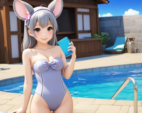 Cheerful anime girl by shimmering pool in lavender swimsuit