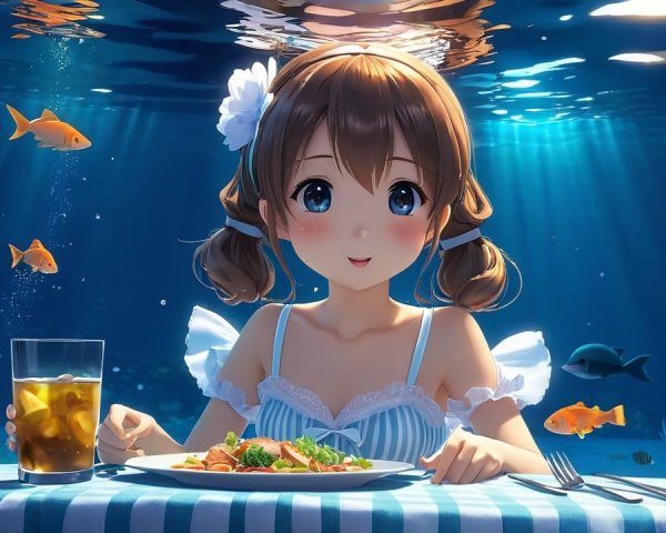 Underwater Scene with Girl, Meal, and Colorful Fish