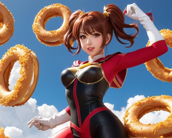 Superheroine with Pigtails and Floating Donuts
