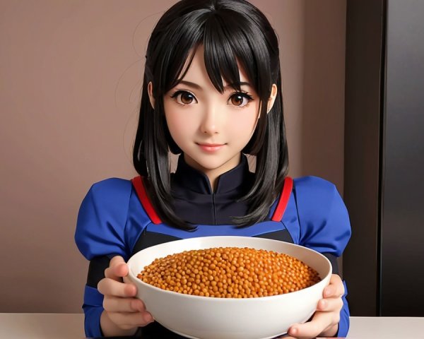 Person with Bowl of Orange-Brown Beads in Modern Setting