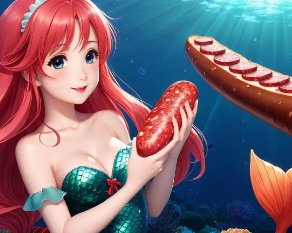 Vibrant underwater scene with a whimsical mermaid character