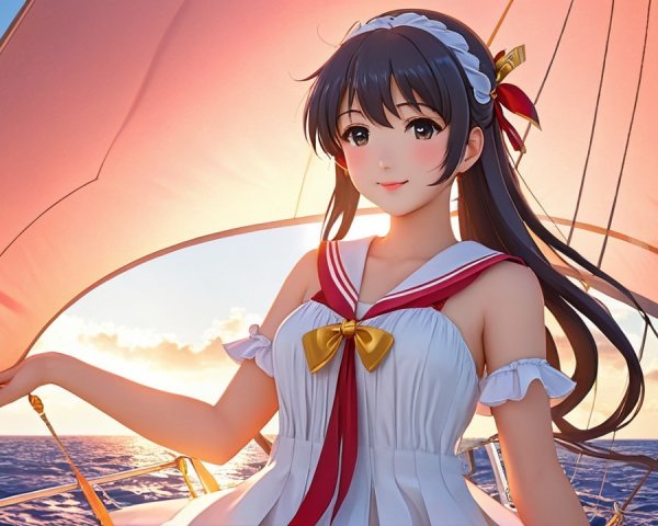 Young woman on sailboat during sunset at sea