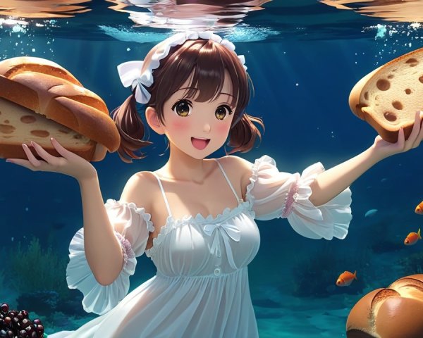 Young girl in white dress underwater with bread and fish