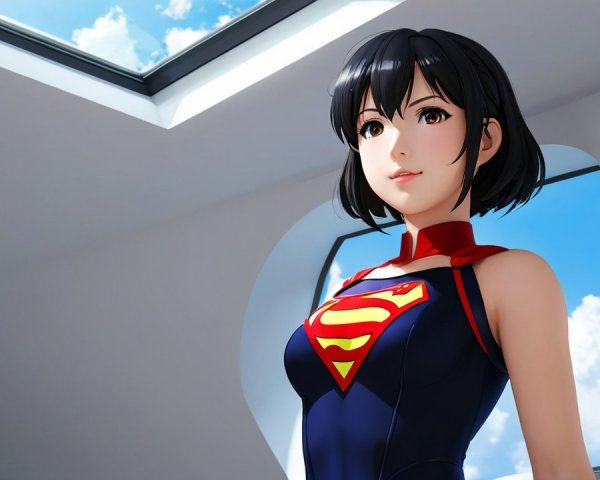 Young Female Superhero in Stylish Costume Under Skylight