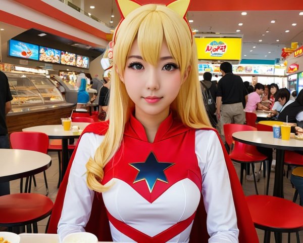 Young Woman in Superhero Costume at Fast-Food Restaurant