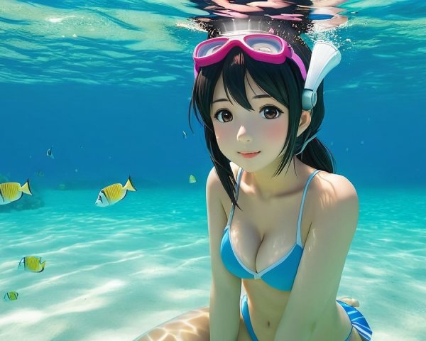 Underwater Scene of Woman in Bikini with Colorful Fish