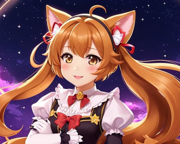 Cheerful anime character with fox ears in cosmic scene