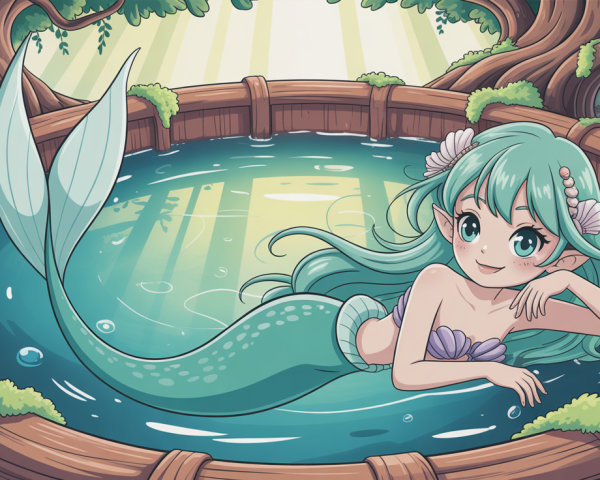 Anime Mermaid in Rustic Hot Tub with Green Hair