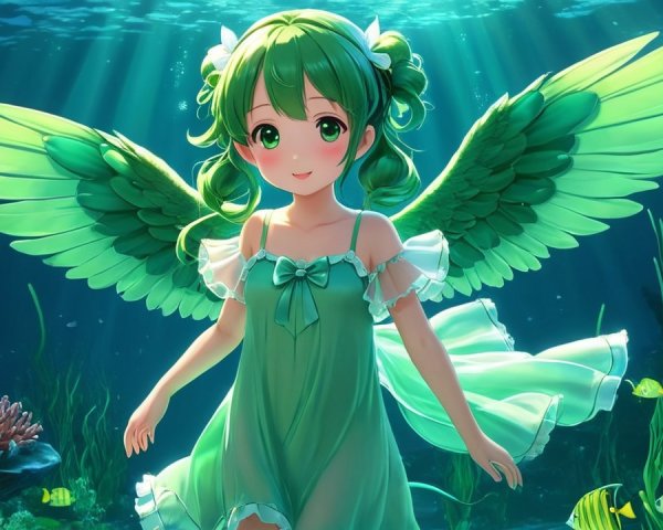 Whimsical Underwater Scene with Girl and Marine Life