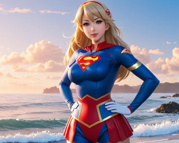 Heroic Figure in Superhero Outfit at Sunset Beach