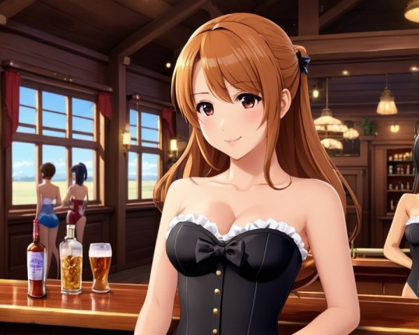 Lively bar scene with two women and warm ambiance