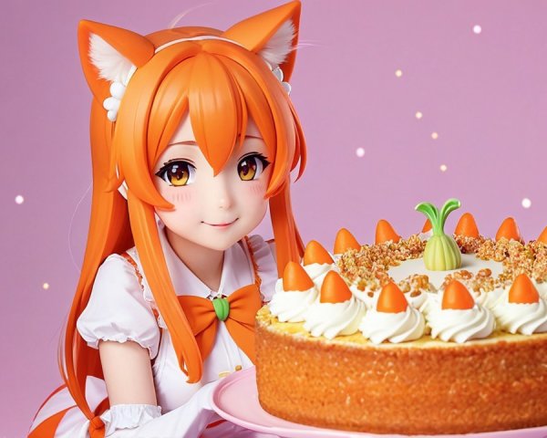 Cheerful anime character with orange hair and cake