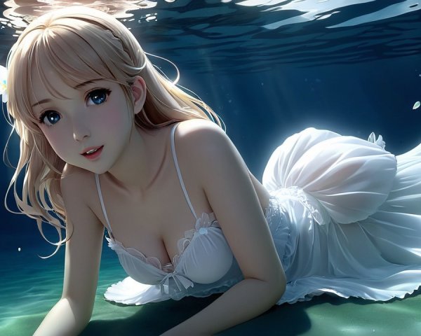 Underwater Scene of Woman in White Dress and Sunlight