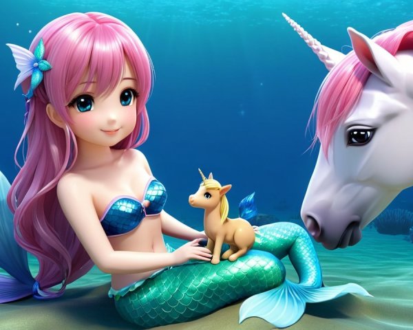 Whimsical Underwater Scene with Mermaid and Unicorns