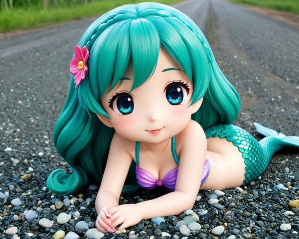 Mermaid doll with teal hair and green tail on gravel road