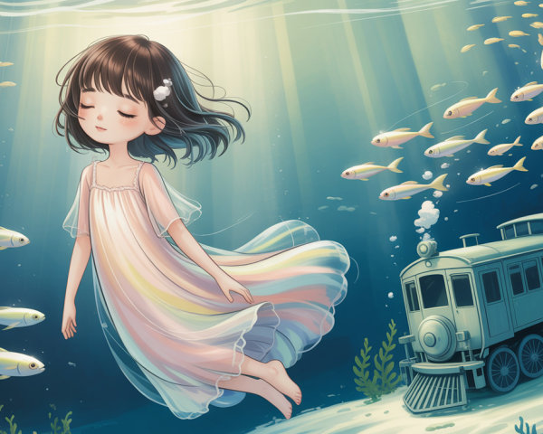 Chibi Anime Girl Floating with Fish and Train Underwater