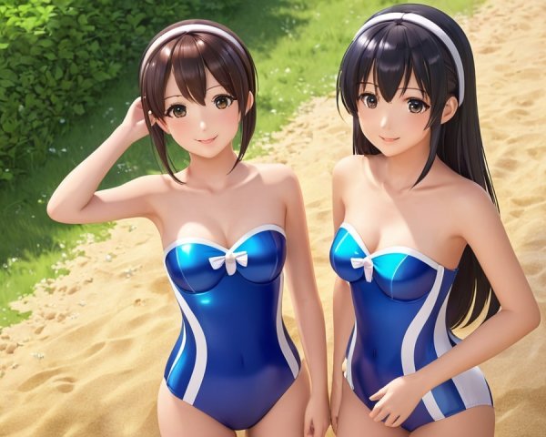 Two Animated Characters on a Sandy Beach in Swimsuits
