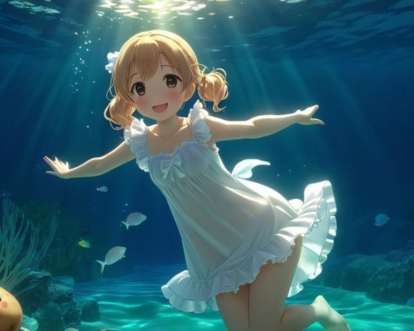 Cheerful anime girl swimming among vibrant marine life