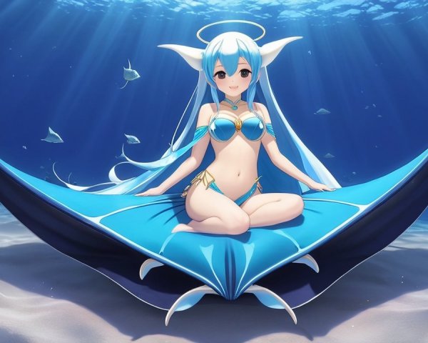 Underwater Scene with Animated Character and Manta Ray